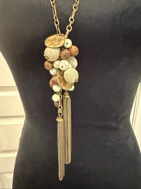 Anthropologie Gold-Tone Tassel Pendant Necklace with Cream and Brown Beads